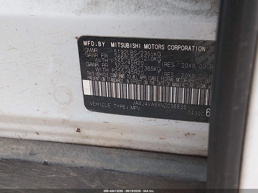 2022 Mitsubishi Outlander VIN JA4J4VA8XNZ036835 IAAI salvage auction — WATER/FLOOD, Salvage (Louisiana), sold $1,900 on 2026-07-29 (photo 9)