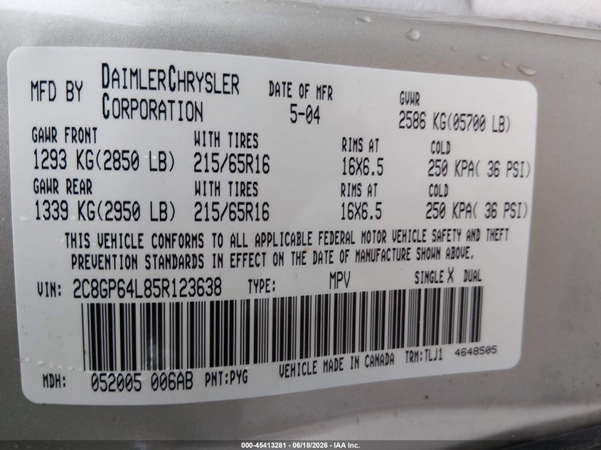 2005 Chrysler Town & country VIN 2C8GP64L85R123638 IAAI salvage auction — ROOF, Salvage (Kansas), sold $600 on 2026-07-31 (photo 9)