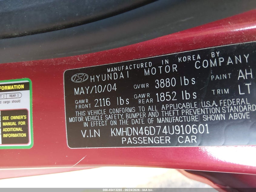 2004 Hyundai Elantra VIN KMHDN46D74U910601 IAAI salvage auction — NORMAL WEAR, Clear (Idaho), sold $100 on 2026-07-10 (photo 9)