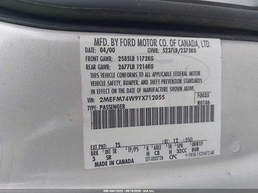 2000 Mercury Grand marquis VIN 2MEFM74W9YX712055 IAAI salvage auction — RIGHT SIDE, Salvage (Texas), sold $1,100 on 2026-07-09 (photo 9)