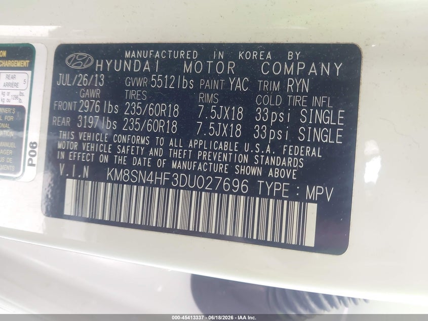 2013 Hyundai Santa fe VIN KM8SN4HF3DU027696 IAAI salvage auction — FRONT END, Salvage (North Carolina), sold $1,900 on 2026-07-09 (photo 9)