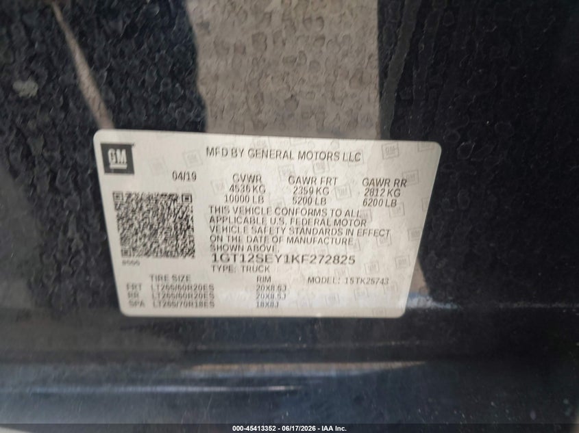 2019 Gmc VIN 1GT12SEY1KF272825 IAAI salvage auction — FRONT END, Rebuildable (Florida), sold $11,900 on 2026-07-27 (photo 9)