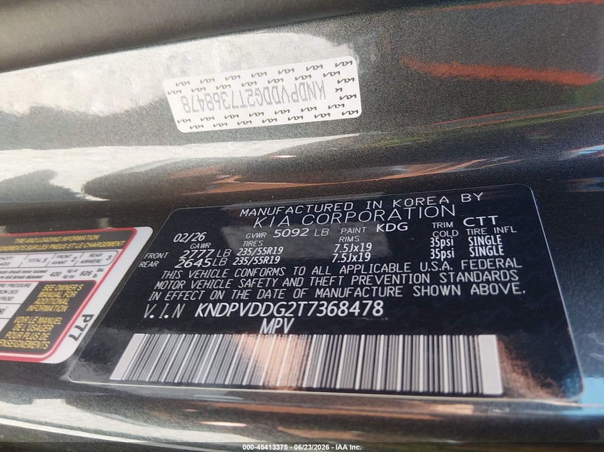 2026 Kia Sportage VIN KNDPVDDG2T7368478 IAAI salvage auction — FRONT END, Wait Title, sold $5,575 on 2026-08-28 (photo 9)