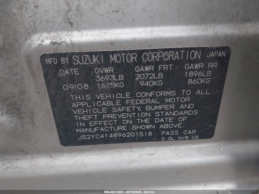 2009 Suzuki Sx4 VIN JS2YC414896201518 IAAI salvage auction — FRONT END, Salvage (Pennsylvania), sold $350 on 2026-07-08 (photo 9)