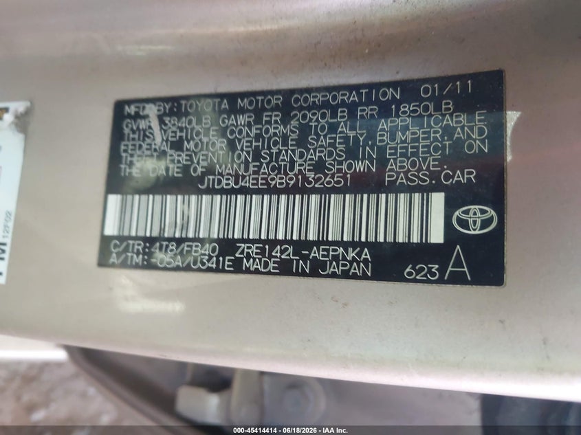 2011 Toyota Corolla VIN JTDBU4EE9B9132651 IAAI salvage auction — ENGINE DAMAGE, Clear (Arizona), sold $25 on 2026-07-28 (photo 9)
