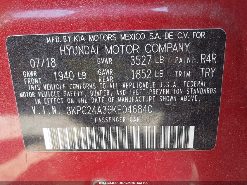 2019 Hyundai Accent VIN 3KPC24A36KE046840 IAAI salvage auction — FRONT END, Salvage (Arizona), sold $675 on 2026-07-25 (photo 9)
