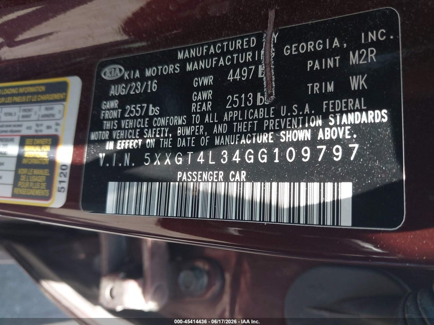 2016 Kia Optima VIN 5XXGT4L34GG109797 IAAI salvage auction — FRONT END, Salvage Title, sold $900 on 2026-07-26 (photo 9)