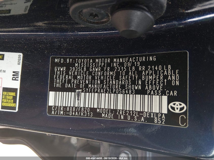 2020 Toyota Corolla VIN 5YFEPRAE2LP056483 IAAI salvage auction — LEFT FRONT, Salvage (Georgia), sold $4,400 on 2026-07-24 (photo 9)