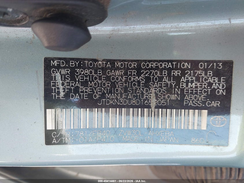 2013 Toyota Prius VIN JTDKN3DU8D1652051 IAAI salvage auction — NORMAL WEAR, Clear (Wisconsin), sold $875 on 2026-07-21 (photo 9)