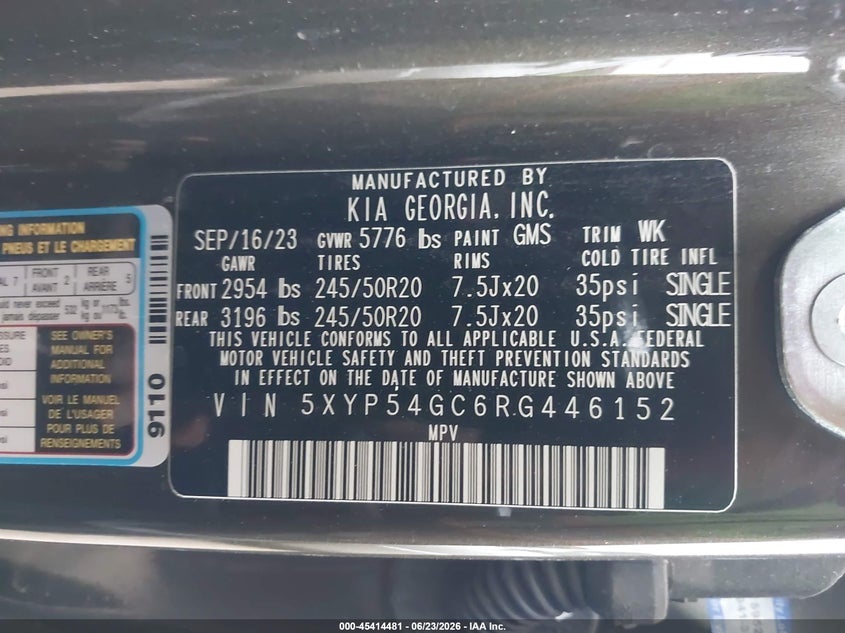 2024 Kia Telluride VIN 5XYP54GC6RG446152 IAAI salvage auction — ROLLOVER, Salvage Title, sold $7,625 on 2026-08-27 (photo 9)