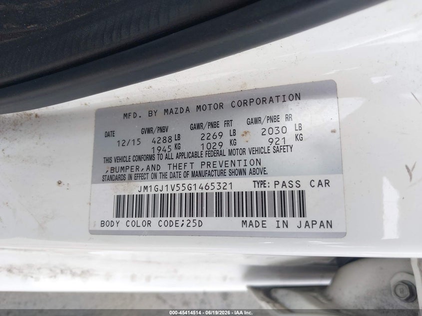 2016 Mazda 6 VIN JM1GJ1V55G1465321 IAAI salvage auction — LEFT SIDE, Salvage (California), sold $2,200 on 2026-07-06 (photo 9)