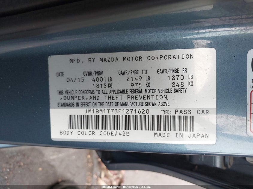 2015 Mazda 3 VIN JM1BM1T73F1271620 IAAI salvage auction — LEFT SIDE, Salvage Title, sold $550 on 2026-07-15 (photo 9)
