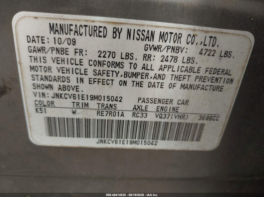 2009 Infiniti G VIN JNKCV61E19M015042 IAAI salvage auction — SIDE, Salvage (Alabama), sold $525 on 2026-07-26 (photo 9)