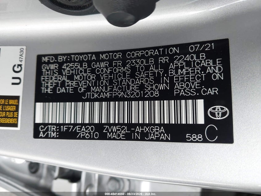 2022 Toyota Prius VIN JTDKAMFP9N3201208 IAAI salvage auction — FRONT END, Salvage (California), sold $4,400 on 2026-07-22 (photo 9)