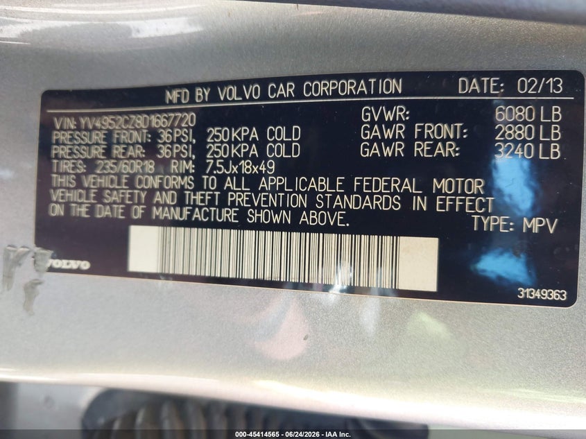 2013 Volvo Xc90 VIN YV4952CZ8D1667720 IAAI salvage auction — FRONT & REAR, Salvage - Greater Than 75% (Maryland), sold $450 on 2026-07-09 (photo 9)