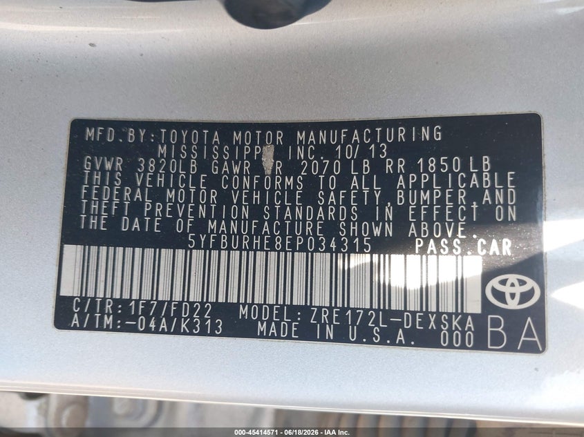 2014 Toyota Corolla VIN 5YFBURHE8EP034315 IAAI salvage auction — FRONT END, Salvage (California), sold $2,800 on 2026-07-08 (photo 9)