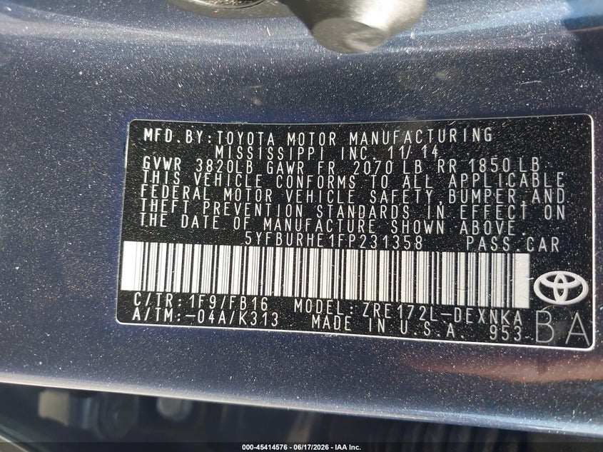 2015 Toyota Corolla VIN 5YFBURHE1FP231358 IAAI salvage auction — LEFT SIDE, Salvage (California), sold $4,500 on 2026-07-15 (photo 9)
