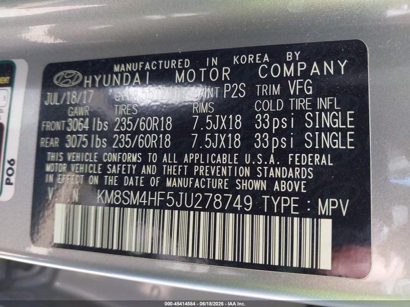 2018 Hyundai Santa fe VIN KM8SM4HF5JU278749 IAAI salvage auction — FRONT END, Bill Of Sale (Washington), sold $1,400 on 2026-07-07 (photo 9)