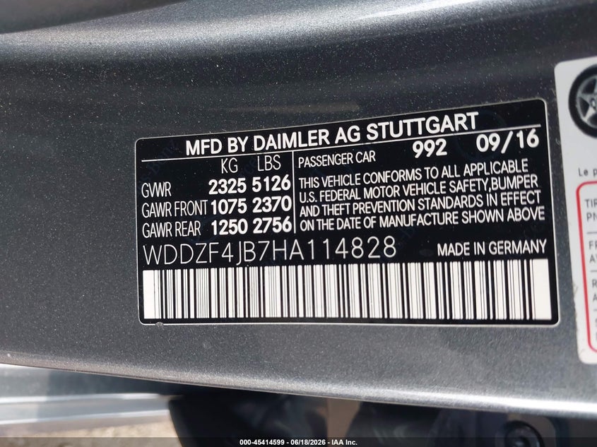 2017 Mercedes-benz E-klasse VIN WDDZF4JB7HA114828 IAAI salvage auction — FRONT END, Salvage (Texas), sold $5,325 on 2026-08-13 (photo 9)