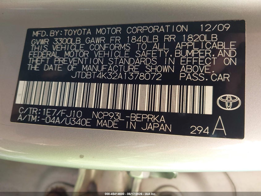 2010 Toyota Yaris VIN JTDBT4K32A1378072 IAAI salvage auction — NORMAL WEAR, Original (Ohio), sold $1,425 on 2026-07-16 (photo 9)