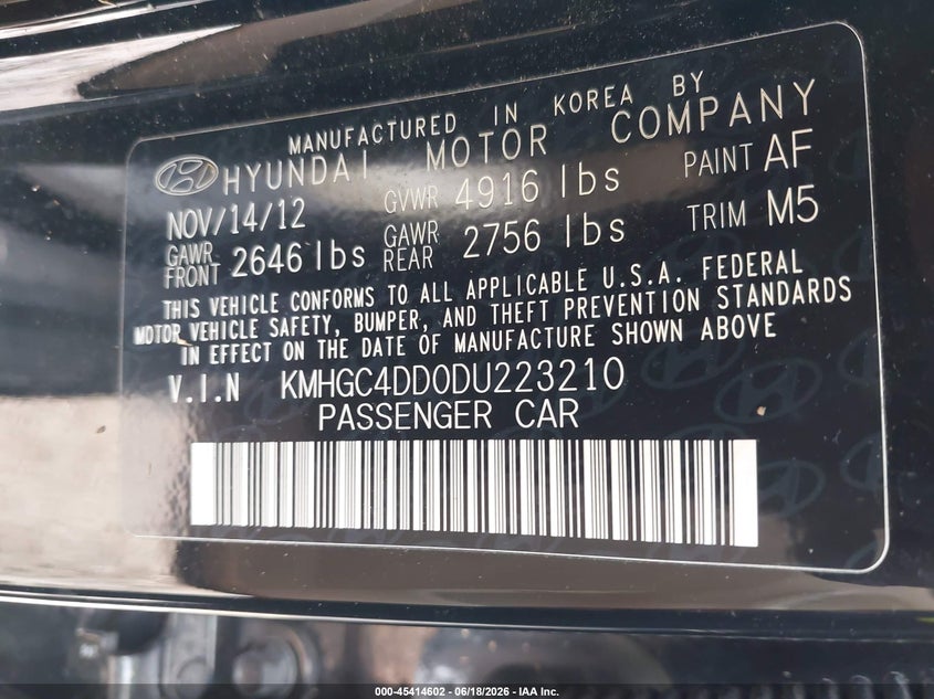2013 Hyundai Genesis VIN KMHGC4DD0DU223210 IAAI salvage auction — WATER/FLOOD, Salvage (Texas), sold $875 on 2026-07-08 (photo 9)