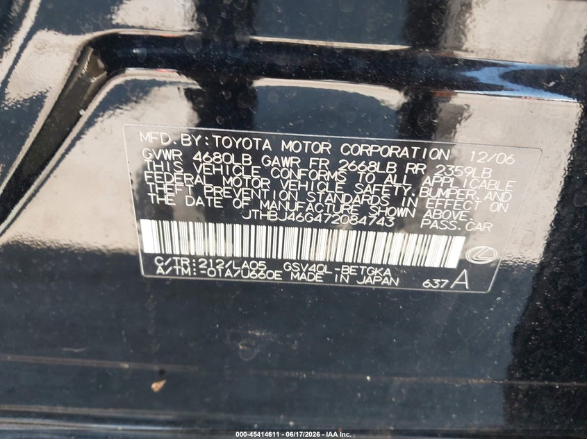 2007 Lexus Es 350 VIN JTHBJ46G472084743 IAAI salvage auction — NORMAL WEAR, Clear-Dealer Only (North Carolina), sold $800 on 2026-07-06 (photo 9)