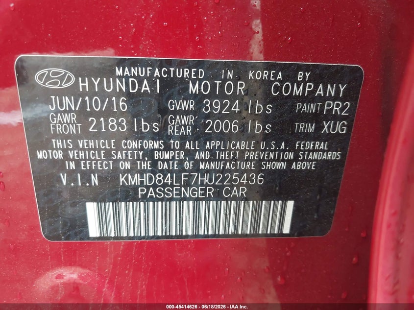 2017 Hyundai Elantra VIN KMHD84LF7HU225436 IAAI salvage auction — REAR END, Salvage Title, sold $1,900 on 2026-07-21 (photo 9)