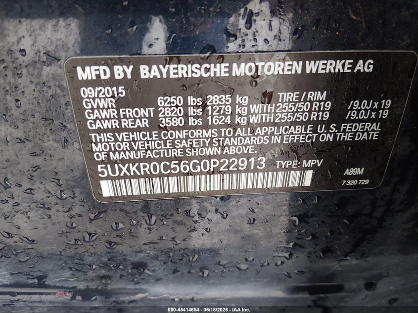 2016 BMW X5 VIN 5UXKR0C56G0P22913 IAAI salvage auction — ENGINE BURN, Salvage (Texas), sold $2,500 on 2026-07-31 (photo 9)