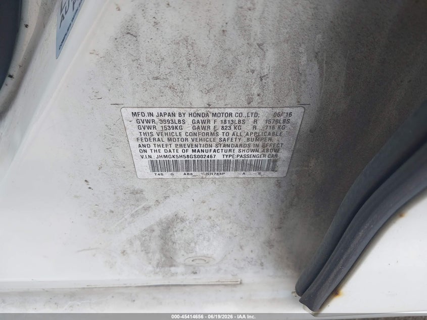 2016 Honda Fit VIN JHMGK5H58GS002467 IAAI salvage auction — UNKNOWN, Salvage (Pennsylvania), sold $2,150 on 2026-07-17 (photo 9)