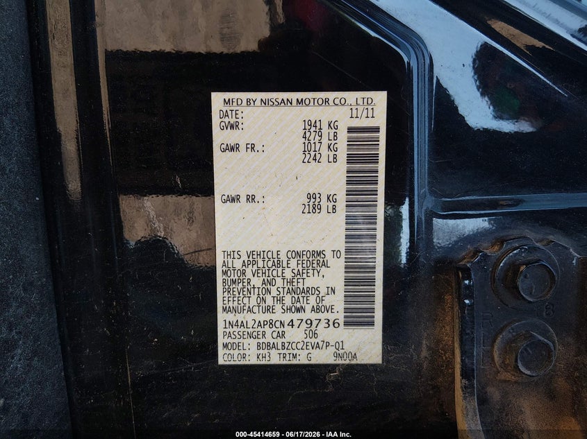 2012 Nissan Altima VIN 1N4AL2AP8CN479736 IAAI salvage auction — NORMAL WEAR, Clear (Virginia), sold $525 on 2026-07-24 (photo 9)
