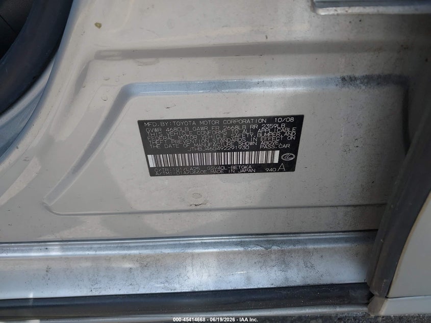 2009 Lexus Es 350 VIN JTHBJ46G492291930 IAAI salvage auction — FRONT END, Rebuildable (Florida), sold $975 on 2026-07-29 (photo 9)