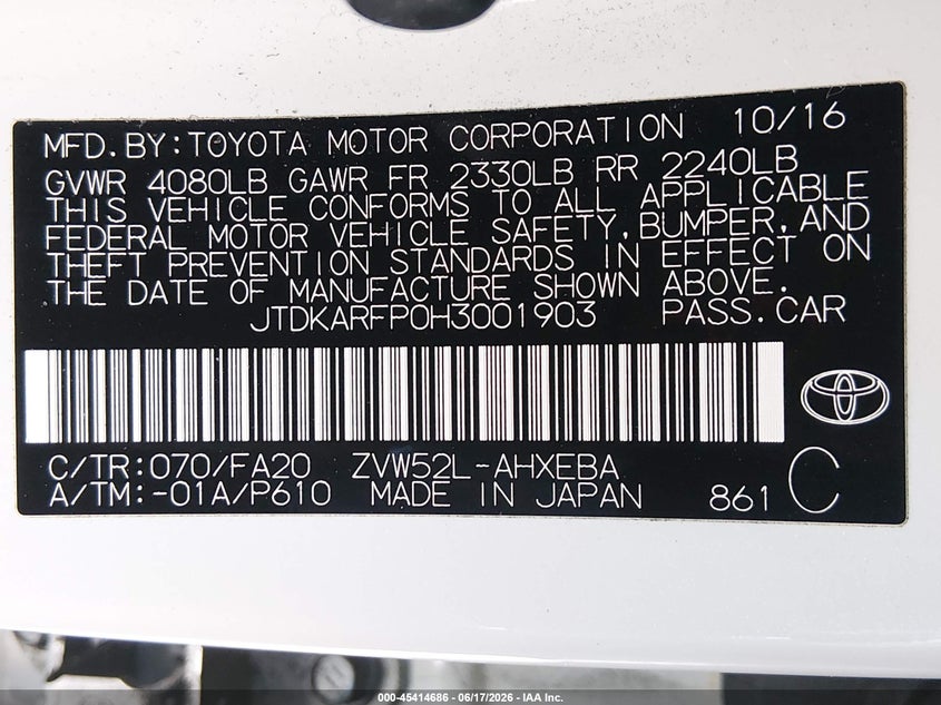 2017 Toyota Prius VIN JTDKARFP0H3001903 IAAI salvage auction — REAR END, Salvage (California), sold $8,150 on 2026-07-13 (photo 9)