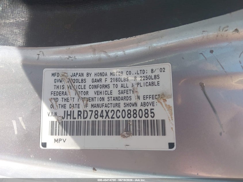 2002 Honda Cr-v VIN JHLRD784X2C088085 IAAI salvage auction — FRONT END, Salvage (Utah), sold $675 on 2026-07-23 (photo 9)