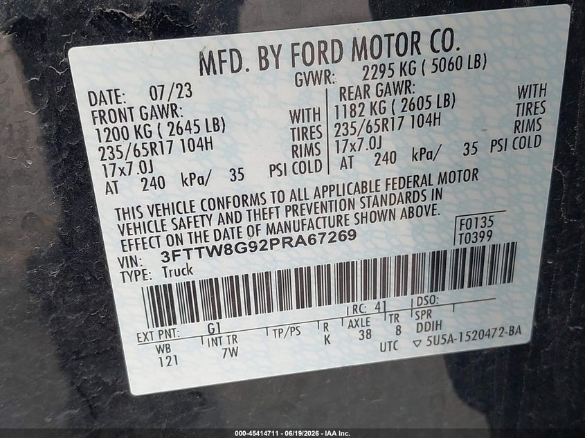 2023 Ford Maverick VIN 3FTTW8G92PRA67269 IAAI salvage auction — HAIL, Salvage (Iowa), sold $14,200 on 2026-07-28 (photo 9)