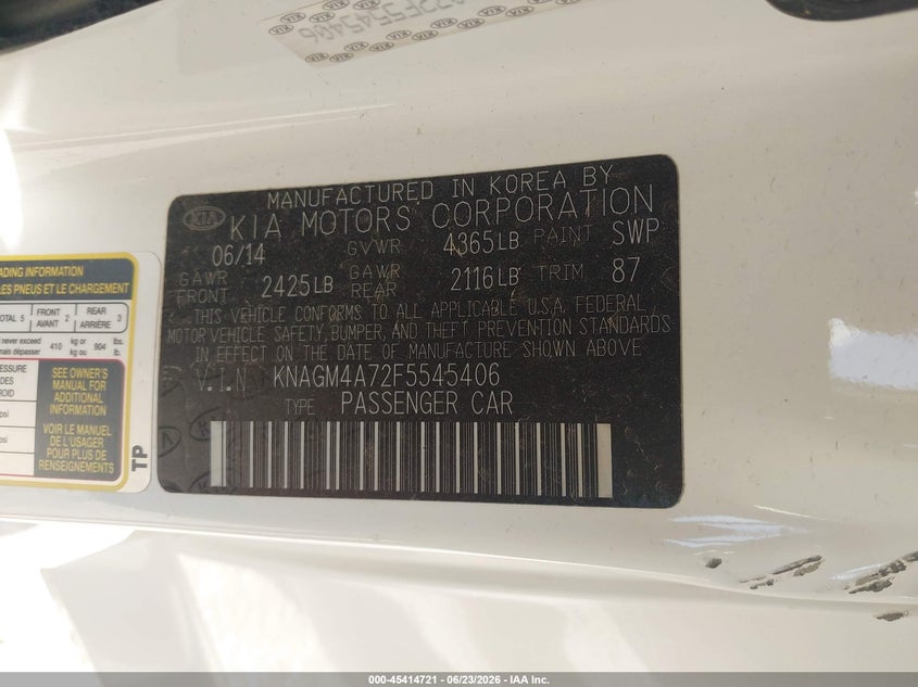 2015 Kia Optima VIN KNAGM4A72F5545406 IAAI salvage auction — SIDE, Salvage (Texas), sold $650 on 2026-07-09 (photo 9)
