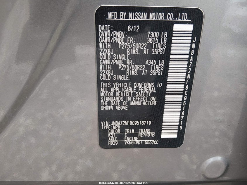 2012 Infiniti Qx56 VIN JN8AZ2NF8C9518719 IAAI salvage auction — NORMAL WEAR, Clear (Arkansas), sold $825 on 2026-07-30 (photo 9)