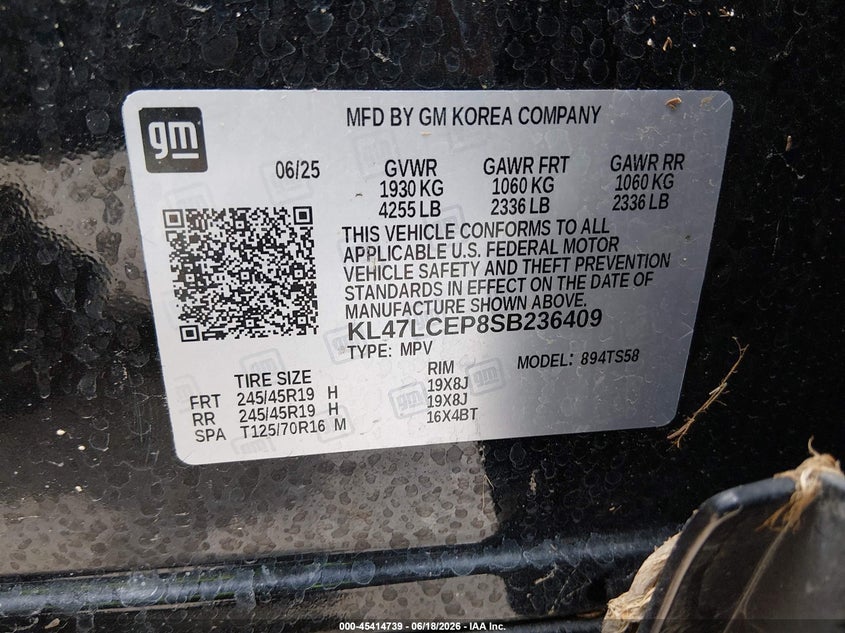2025 Buick Envista VIN KL47LCEP8SB236409 IAAI salvage auction — WATER/FLOOD, Salvage (Louisiana), sold $7,600 on 2026-08-16 (photo 9)