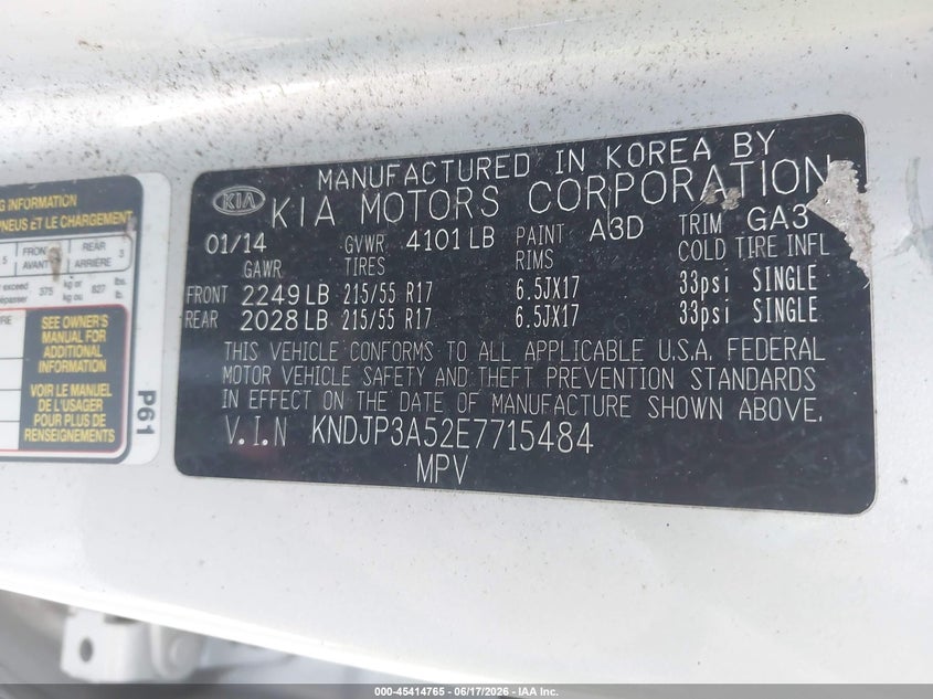 2014 Kia Soul VIN KNDJP3A52E7715484 IAAI salvage auction — THEFT, Salvage (California), sold $1,100 on 2026-07-28 (photo 9)