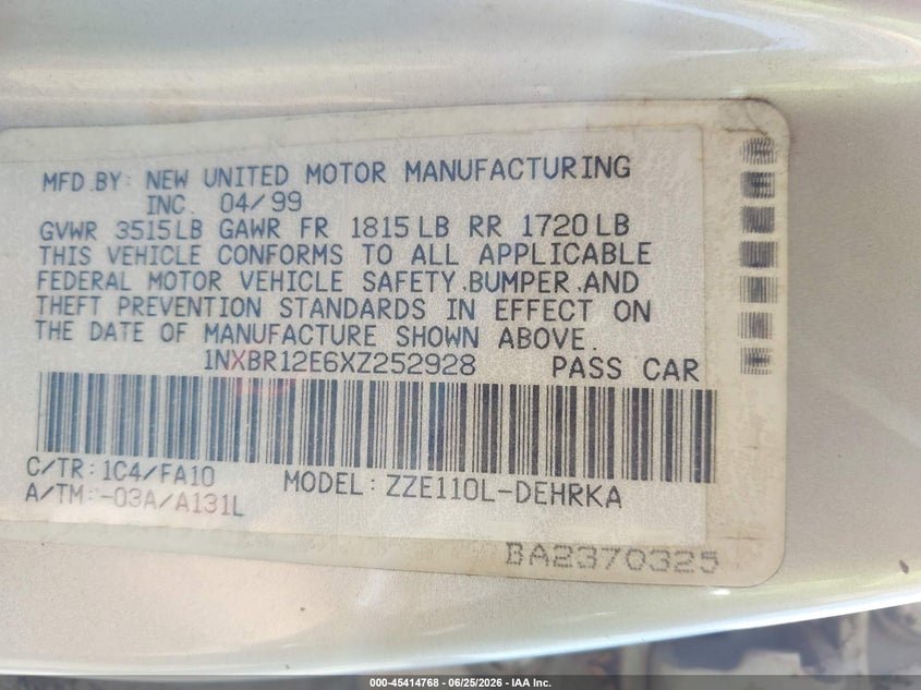 1999 Toyota Corolla VIN 1NXBR12E6XZ252928 IAAI salvage auction — NORMAL WEAR, Salvage Title - Dealer (California), sold $100 on 2026-07-08 (photo 9)