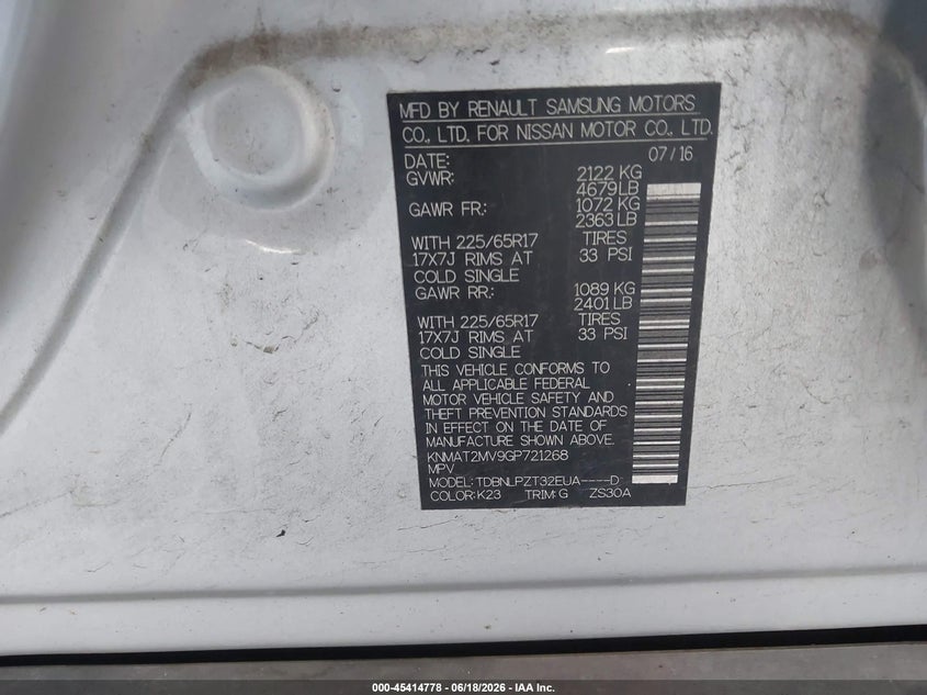 2016 Nissan Rogue VIN KNMAT2MV9GP721268 IAAI salvage auction — SIDE, Salvage (California), sold $1,900 on 2026-07-30 (photo 9)