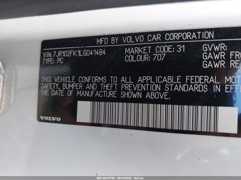 2020 Volvo S60 VIN 7JR102FK1LG041484 IAAI salvage auction — FRONT END, Salvage Title, sold $5,125 on 2026-08-11 (photo 9)