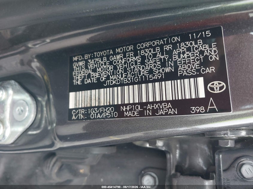2016 Toyota Prius c VIN JTDKDTB31G1115491 IAAI salvage auction — NORMAL WEAR, Clear (Florida), sold $825 on 2026-07-23 (photo 9)