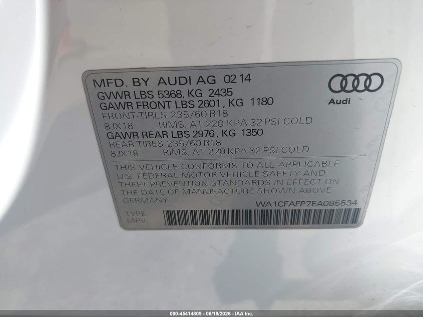 2014 Audi Q5 VIN WA1CFAFP7EA085534 IAAI salvage auction — LEFT FRONT, Salvage Title, sold $1,400 on 2026-07-29 (photo 9)