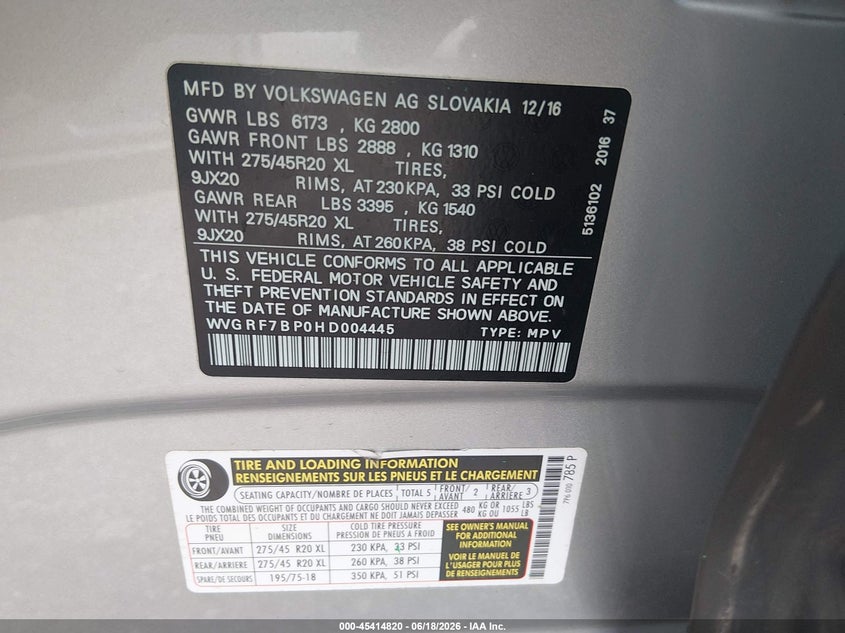 2017 Volkswagen Touareg VIN WVGRF7BP0HD004445 IAAI salvage auction — FRONT END, Salvage Title, sold $4,000 on 2026-07-29 (photo 9)