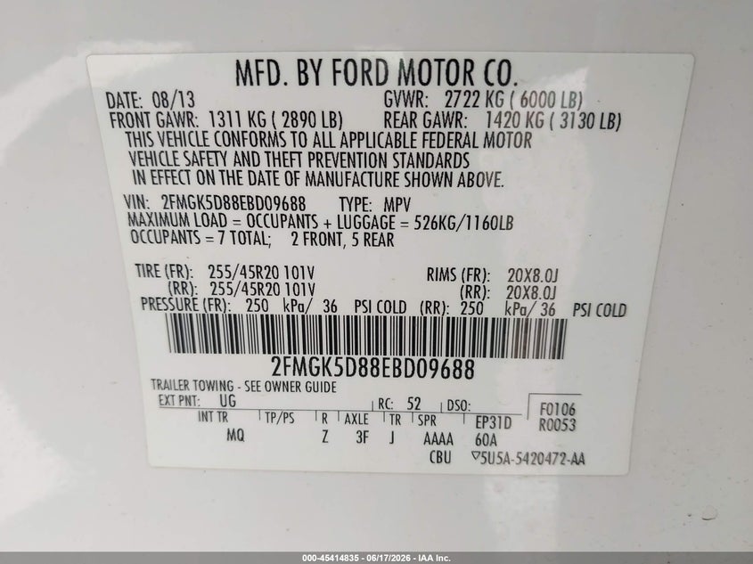 2014 Ford Flex VIN 2FMGK5D88EBD09688 IAAI salvage auction — NORMAL WEAR, Clear (Texas), sold $750 on 2026-07-09 (photo 9)