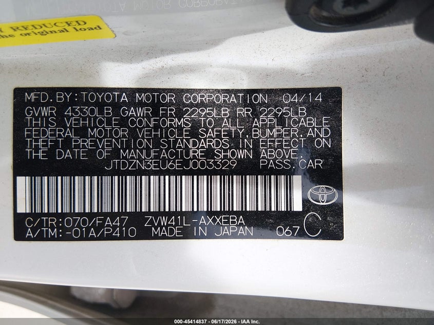 2014 Toyota VIN JTDZN3EU6EJ003329 IAAI salvage auction — FRONT END, Salvage (Texas), sold $2,650 on 2026-07-09 (photo 9)
