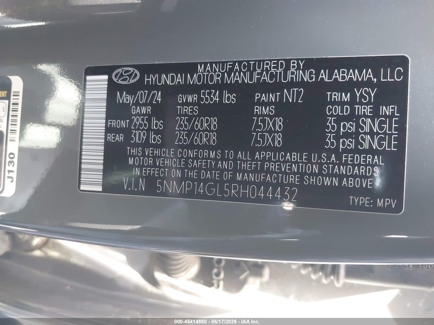 2024 Hyundai Santa fe VIN 5NMP14GL5RH044432 IAAI salvage auction — LEFT FRONT, Salvage (California), sold $10,100 on 2026-07-29 (photo 9)