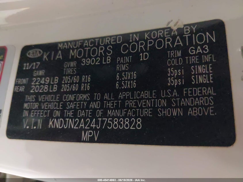 2018 Kia Soul VIN KNDJN2A24J7583828 IAAI salvage auction — FRONT END, Salvage Title, sold $500 on 2026-07-28 (photo 9)