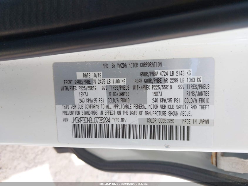 2020 Mazda Cx-5 VIN JM3KFBDM8L0735224 IAAI salvage auction — MECHANICAL, Salvage Title, sold $5,700 on 2026-07-29 (photo 9)