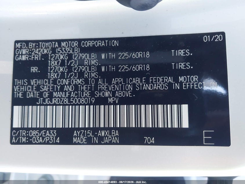 2020 Lexus VIN JTJGJRDZ8L5008019 IAAI salvage auction — FRONT & REAR, Salvage Title, sold $6,400 on 2026-07-22 (photo 9)
